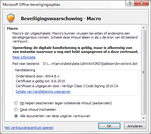Beveiligingswaarschuwing macro's