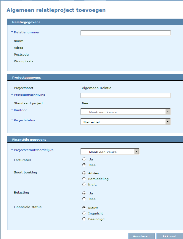 Algemeen relatieproject toevoegen