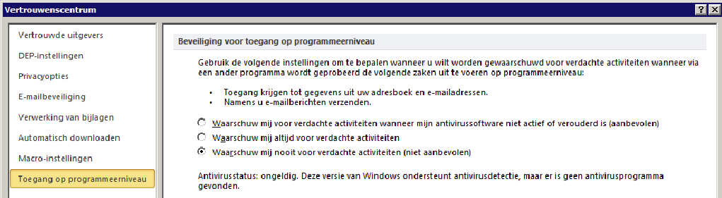 Outlook vertrouwenscentrum