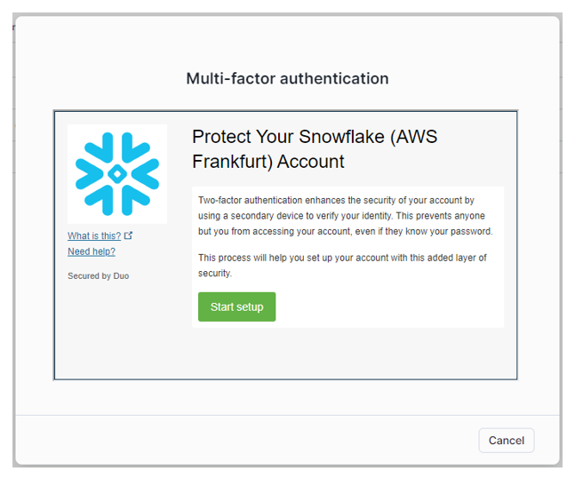 Start setup MFA Snowflake