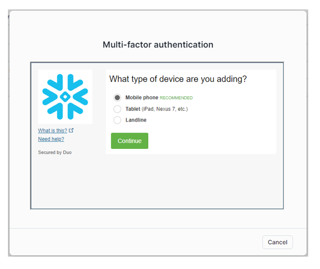 Type of device MFA Snowflake