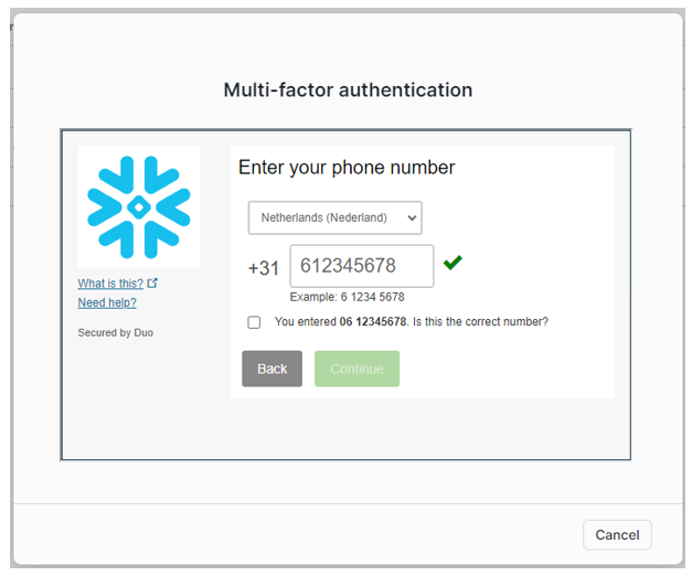 Enter Phone Number MFA Snowflake