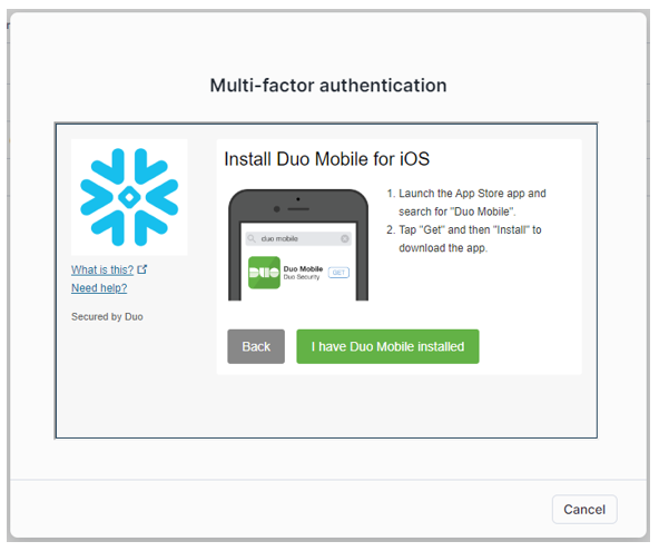 Duo Mobile Option MFA Snowflake