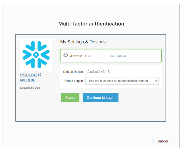 Settings and Device MFA Snowflake